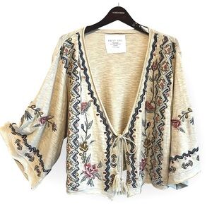 Karyn SEO Embroidered Beige kimono Cardigan Sweater, asymmetric oversized size S